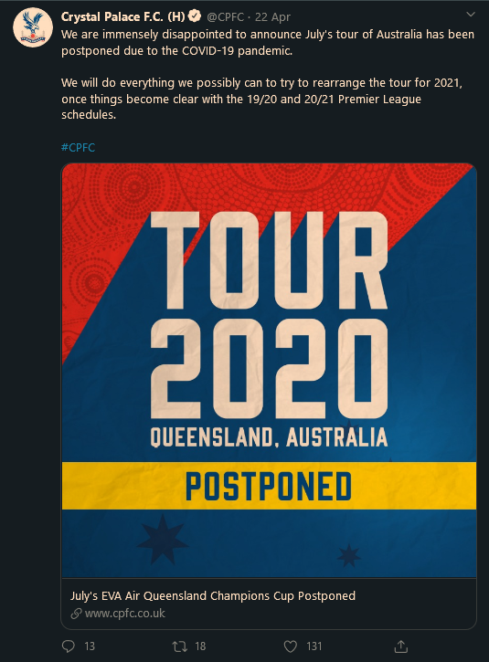 Crystal Palace’s Pre-season Trip to Australia on the Champions Cup Cancelled